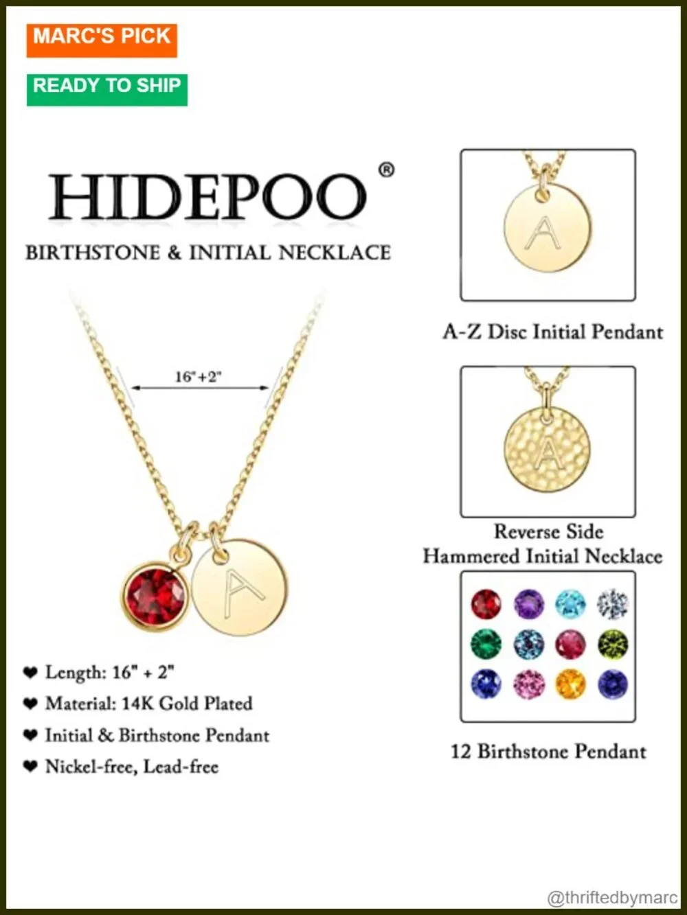 Initial Birthstone Necklace for Women, Dainty Pendant, Nickel-Free Gold Plated,